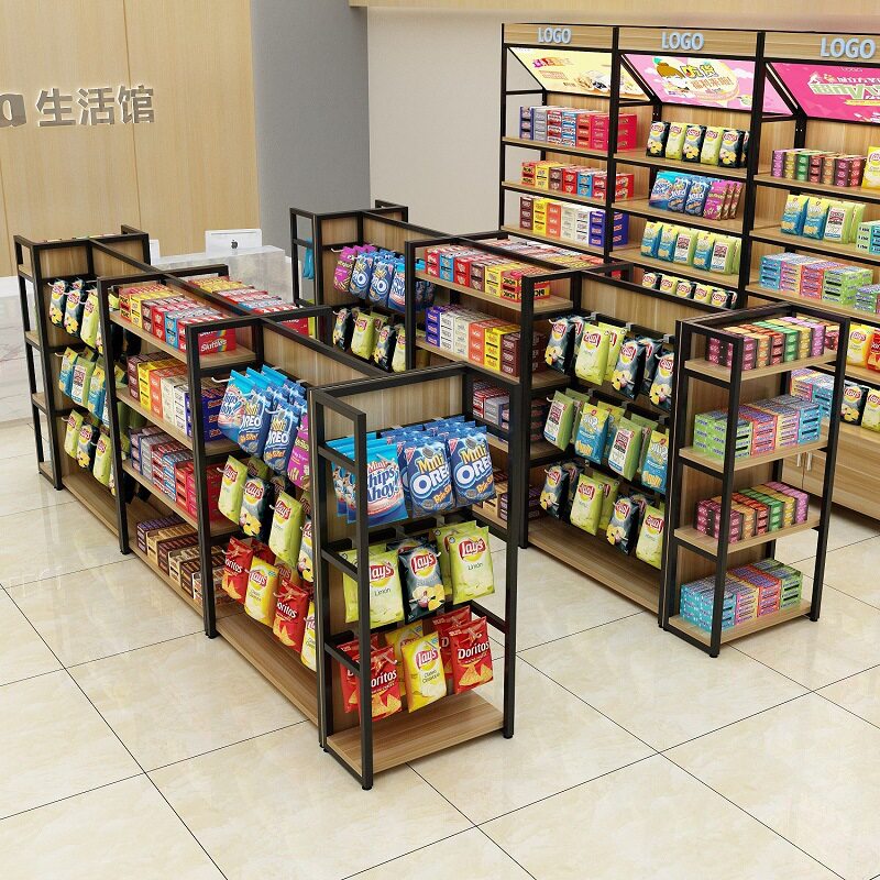 超市钢木货架便利店零食双面挂钩中岛货柜化妆产品展示架商用