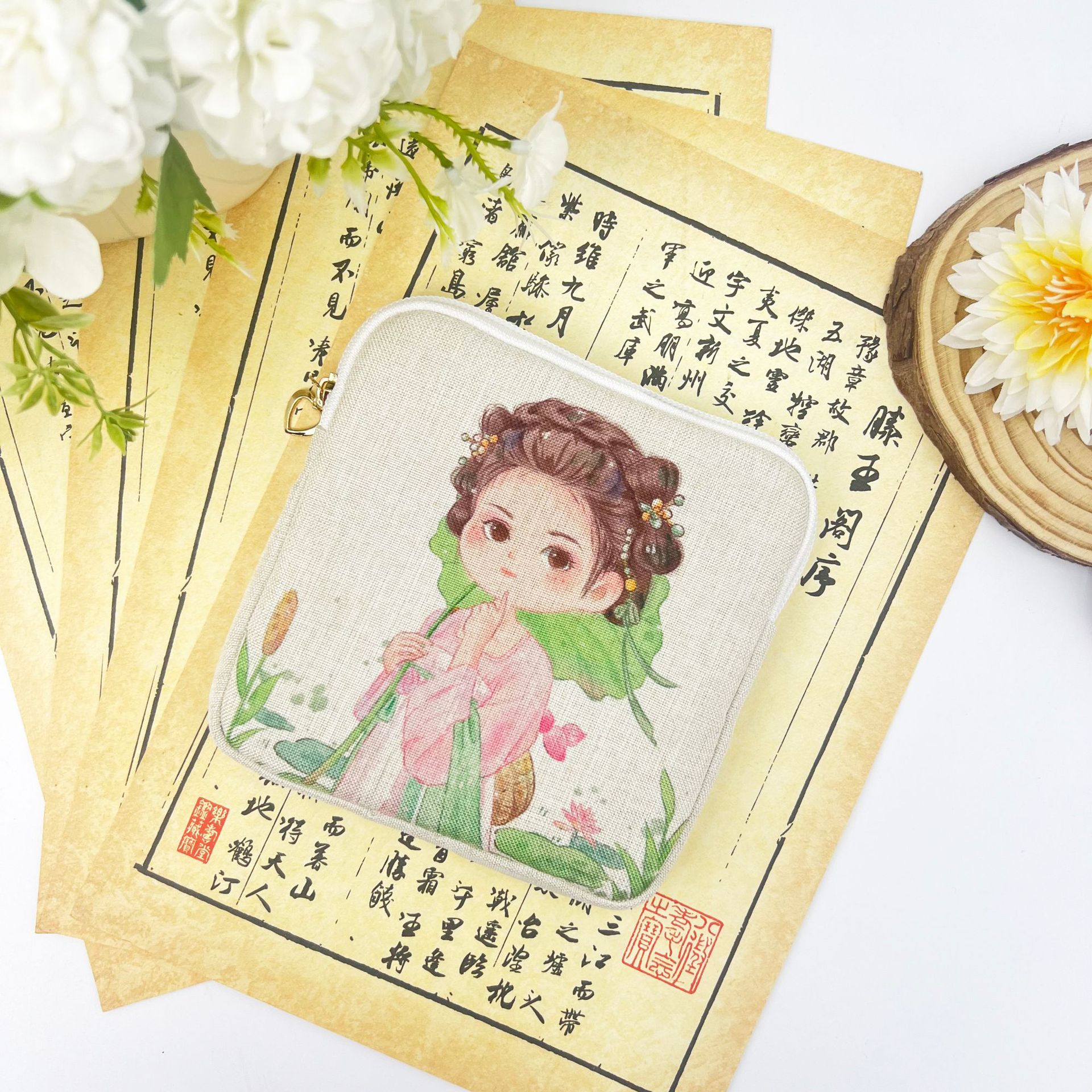 大学生便携大容量姨妈巾收纳包国风化妆包数码印花棉麻卡包零钱
