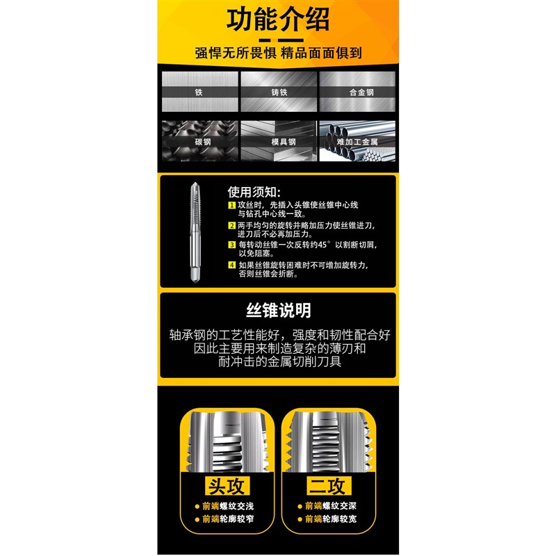 手用细牙丝锥M234567891t020M36X1*1.25x1.5丝攻套装手动攻丝工具