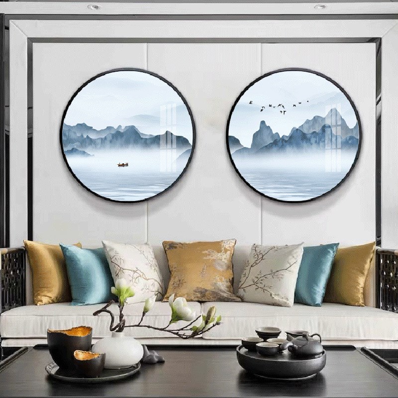 新中式客厅装饰画 m创意设计圆形玄关画抽象山水沙发背景墙挂画图片