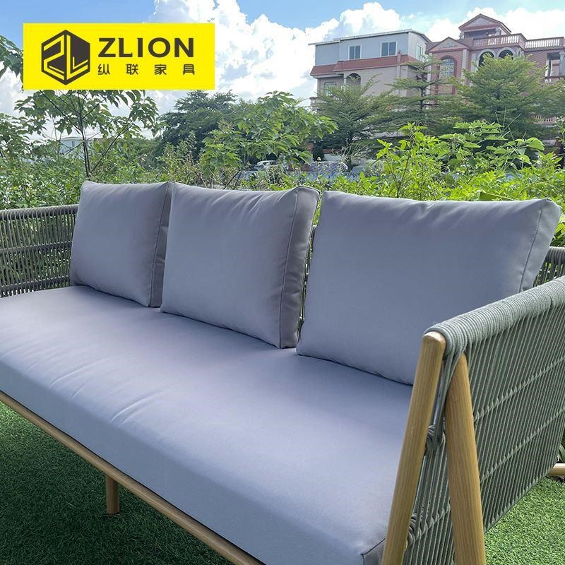 户外庭院花园铝合金仿木沙发桌椅组合酒店别墅休闲U绳编织沙发定