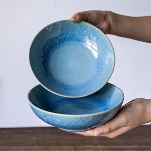 【窑变海蓝~】7寸陶瓷菜碗汤面碗水果沙拉碗中餐陶瓷盖浇饭碗微瑕