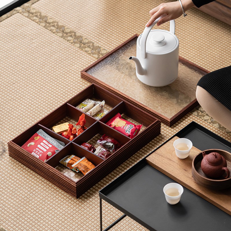 木制茶面复古多功能收纳盒玻璃盖六分格茶道配件家用客厅储物盒