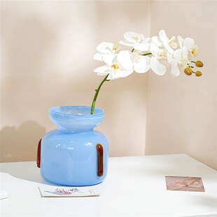 法式中古玻璃花瓶摆件轻奢高级感蓝色大口径花器客厅鲜花插花装饰