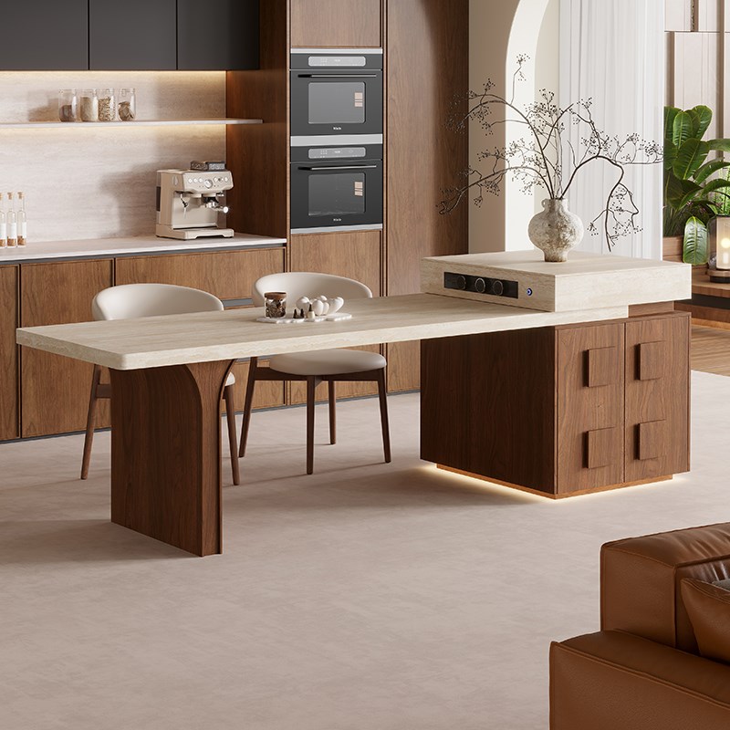 下挂岩板岛台餐桌一体可伸缩家用中古风胡桃色开S放厨房餐厅中岛