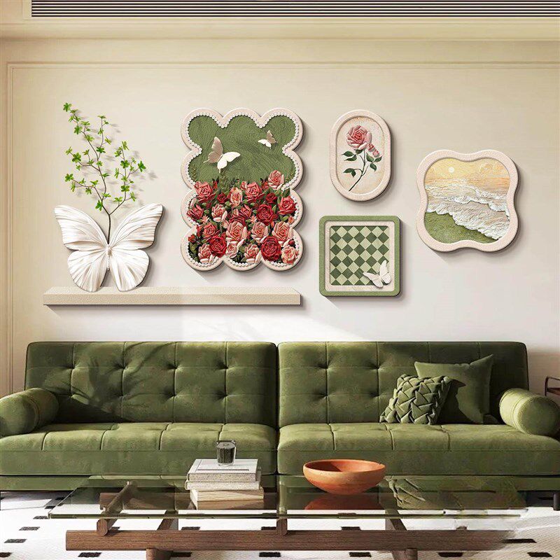 法式奶油风客厅装饰画轻奢高级感沙发背景墙挂画蝴蝶玫瑰组合壁画