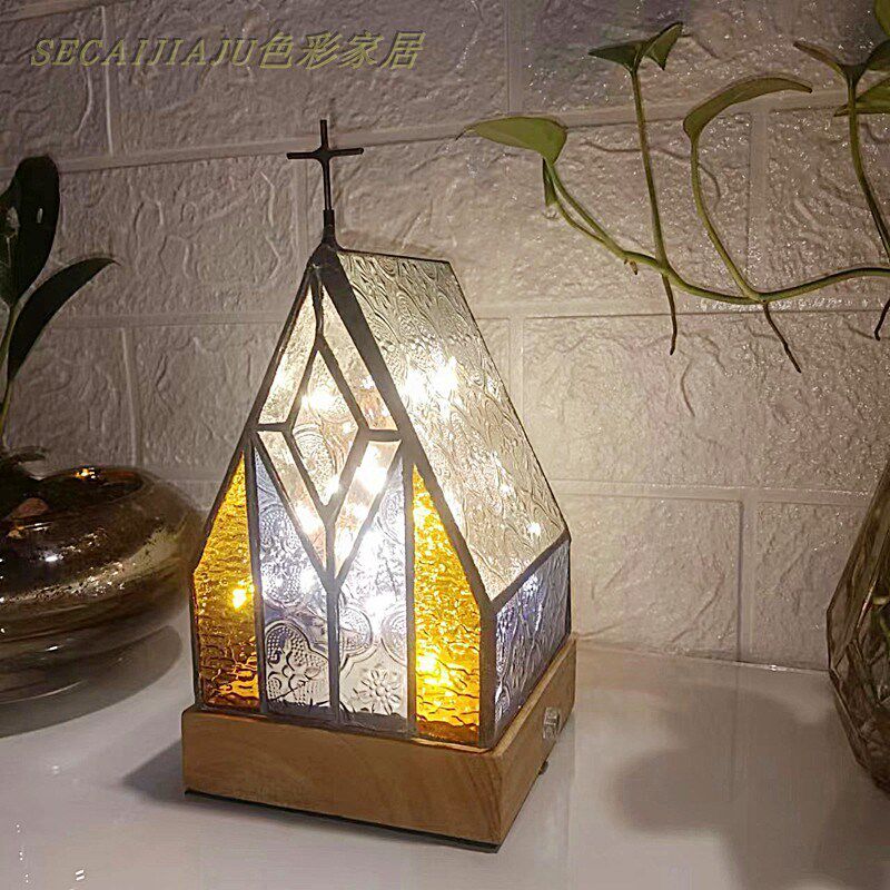 手工玻璃复古床头灯欧式彩色玻璃台灯教堂摆件装饰夜灯房子弥撒日