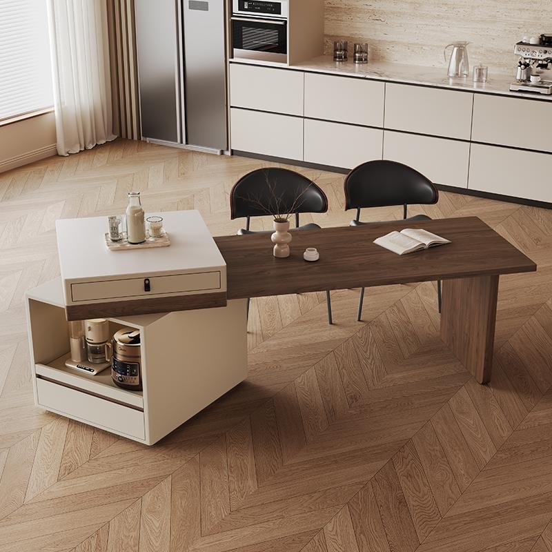 旋转岛台餐桌一体家用客厅2025新E款意式极简伸缩木纹岩板导台餐