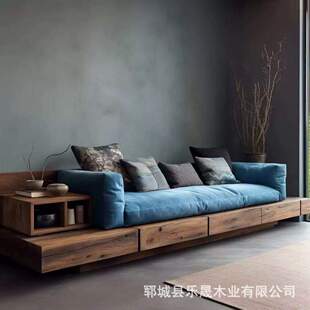 侘寂风老榆木沙发家用直排沙发床客厅实木沙发椅罗汉床带抽屉沙发