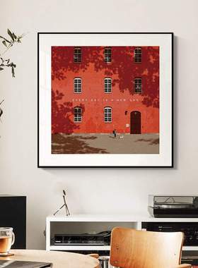 Every day is a new day极简装饰画红色建筑小众艺术客厅卧室挂画