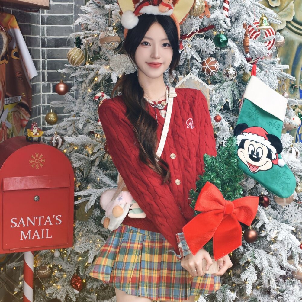 迪士尼穿搭红色系毛衣服百褶裙JK套装成人秋冬季圣诞节套装学院风