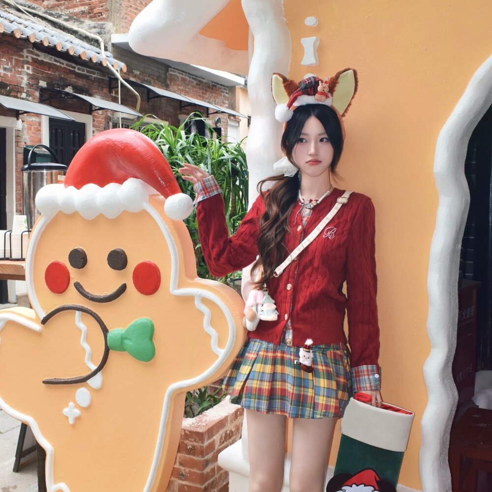 迪士尼穿搭红色系毛衣服百褶裙JK套装成人秋冬季圣诞节套装学院风