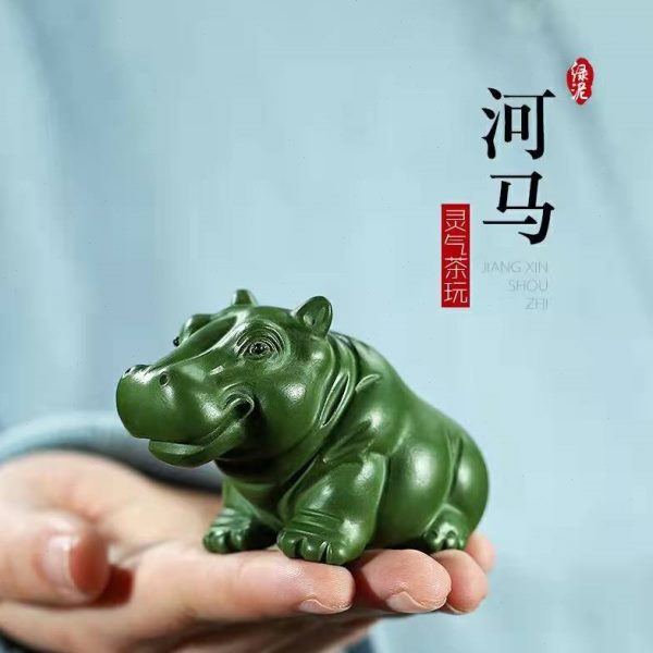摆件茶盘绿泥动物茶可养全手工可爱宜兴紫砂茶宠纯精品河马玩雕塑