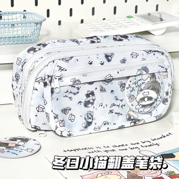 可爱颜值高多层印花痛包笔袋小猫透明冬日中学生文具盒大容量ins