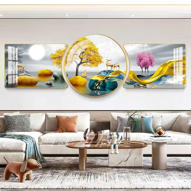 正品家档庭装饰画客厅沙发背景瓷墙挂画现代简三约轻奢联画晶高墙图片
