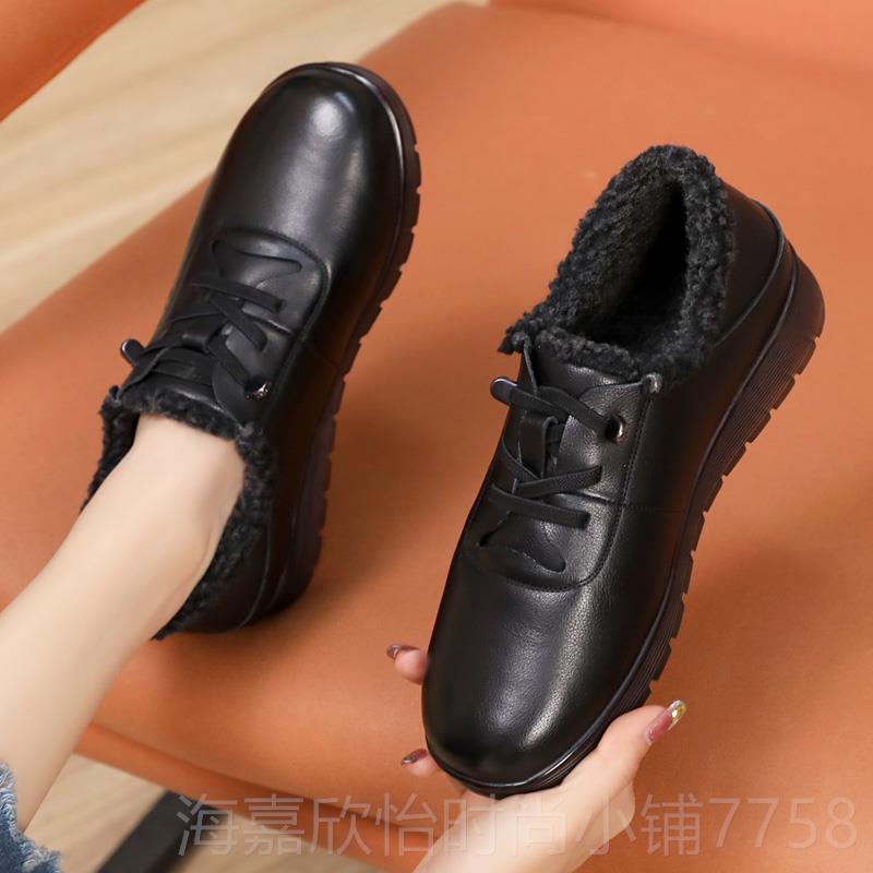 正品皮鞋闲女年春秋冬款厚底休妈妈鞋真皮棉鞋舒中老女鞋子加绒单