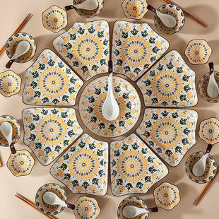 网红波西米亚现风釉下彩陶瓷家用团圆饭碗盘碟组合扇形拼盘套装