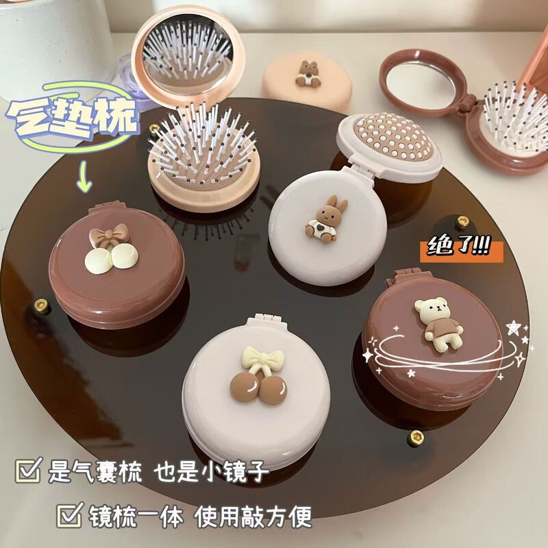 少女卡通便携气囊按摩梳随身化妆镜折叠树脂礼品DIY小配饰套装
