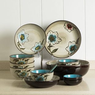 子手绘创意汤碗4人陶瓷餐具餐盘小清新 饭碗碗盘家用组合碗碟套装