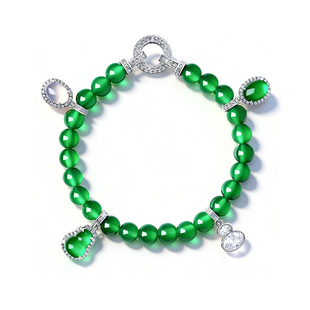 AILEQ925银天然玉髓新品 珠宝欧若风手链 绿珠葫芦花开蛋面手串时尚