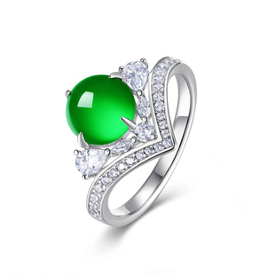 AILEQ925银镶天然玉髓新品 品质珠宝 满绿韵星辉欧若风戒指气质时尚