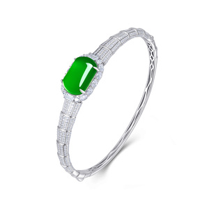 AILEQ925银镶天然玉髓满绿竹节高升手镯欧若风时尚 珠宝饰品质礼物