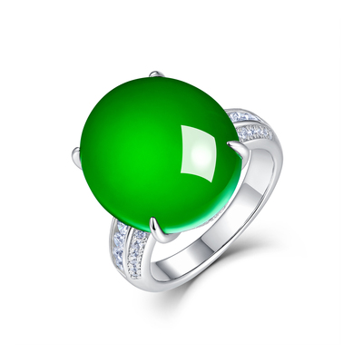 AILEQ925银天然玉髓满绿阖家蛋面欧若风戒指时尚珠宝明星同款饰品