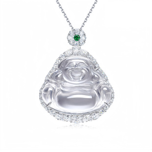 AILEQ纯银石英质玉石水沫子大弥勒佛公封底可开盖透白冰种吊坠k30