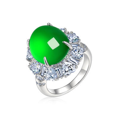 AILEQ925银天然玉髓满绿桃心蛋面欧若风戒指时尚珠宝明星同款饰品
