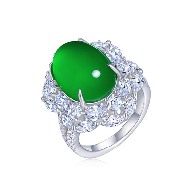 AILEQ 925银天然玉髓围镶满绿蛋六芒星戒指欧若风时尚品质珠宝K10