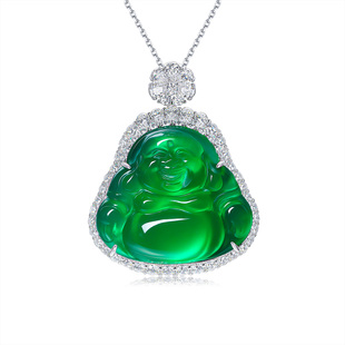 AILEQ大佛公绿A货玉髓玛瑙笑面弥勒佛媲美翡翠女玉石吊坠项链k30