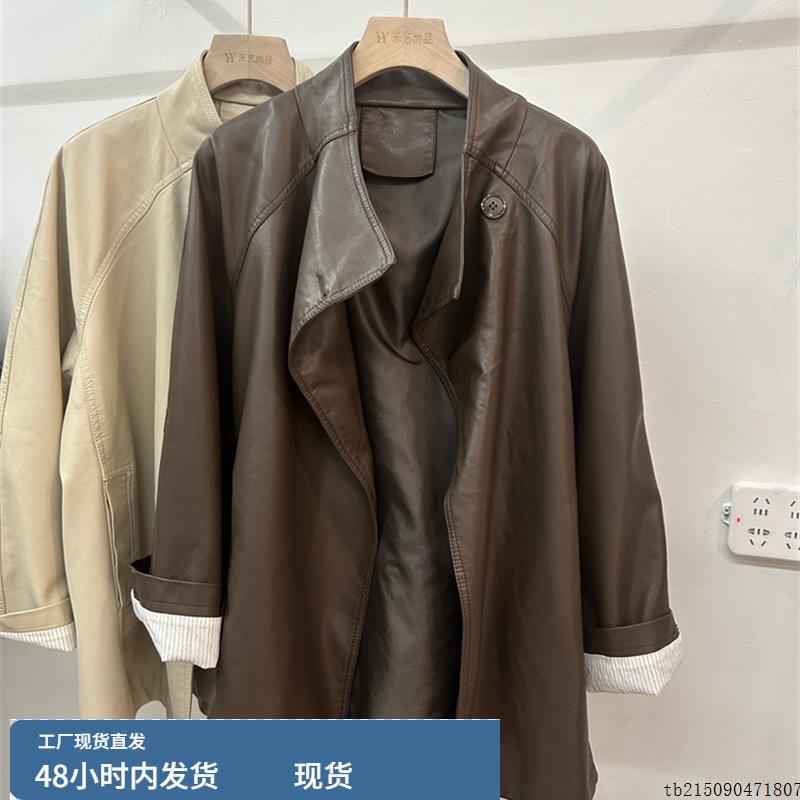 中长款皮风衣女秋2025新款宽松廓形大衣欧货高端气质蛋白皮衣外套