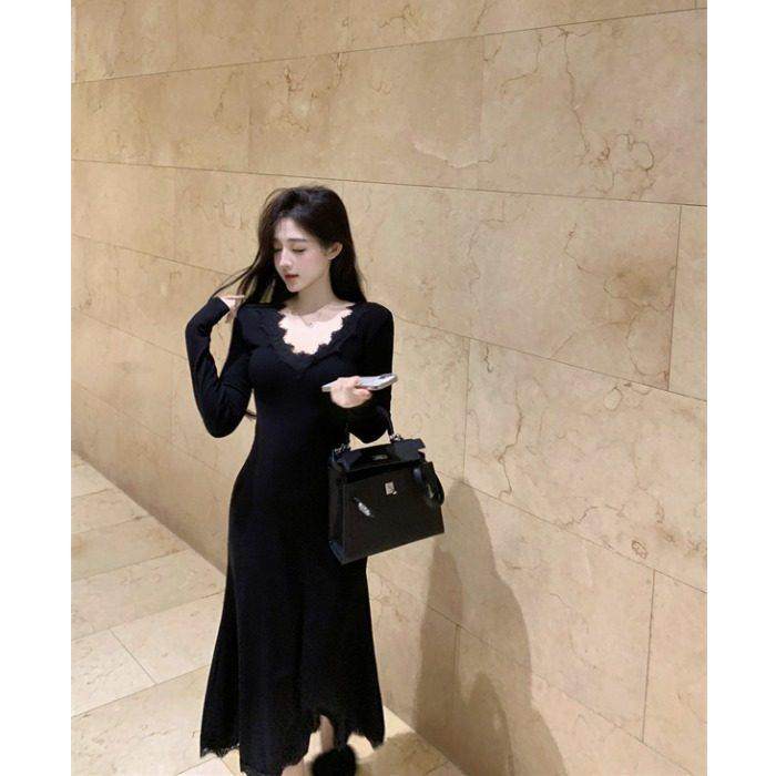 孕妇装秋冬季新款黑色V领蕾丝鱼尾连衣裙女修身气质显瘦包臀长裙