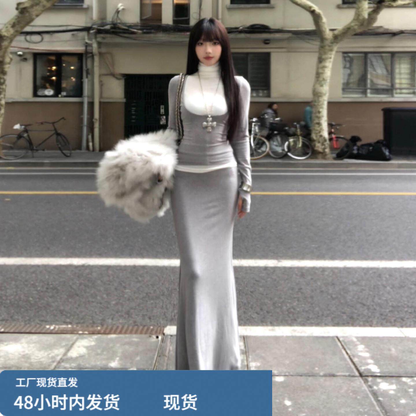 灰色假两件拼接长袖连衣裙子女秋冬季2025新款高腰修身半身裙套装,运动/瑜伽/健身/球迷用品,瑜伽短裙,淘宝优惠券,粉丝福利购,淘宝优惠卷