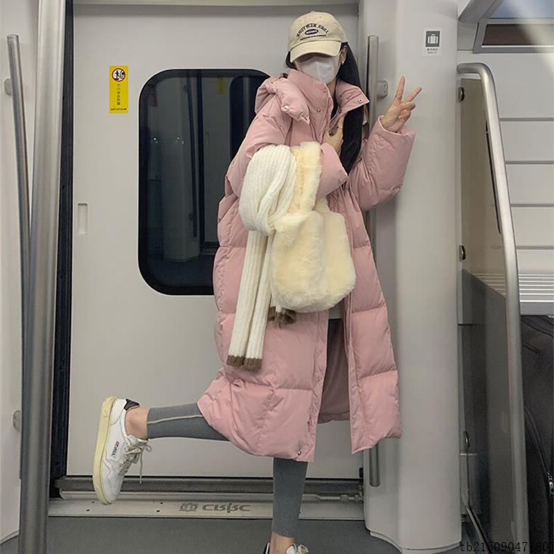 粉色面包羽绒棉服女冬季新款温柔风加厚保暖中长款过膝连帽外套