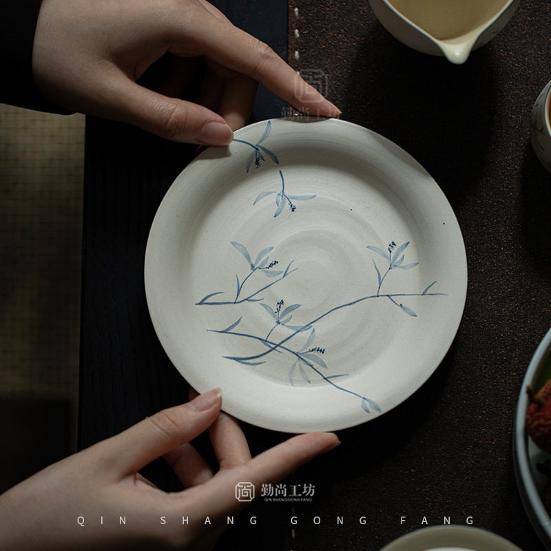 手工粉引手绘兰花壶承粗陶盖碗茶壶底托茶道配件家用果盘茶点盘