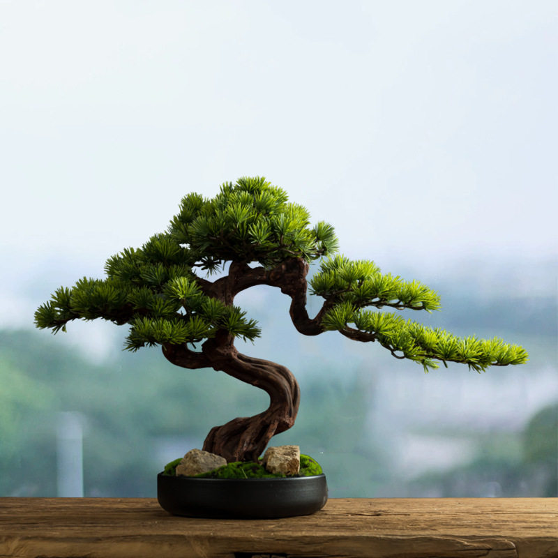 客厅仿真迎客松酒店桌面玄关绿植物假松树罗汉松盆景室内摆件