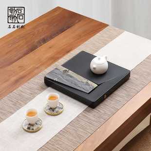 石石刻刻乌金石头茶盘家用小型干泡台正方形国画石茶台轻奢茶海