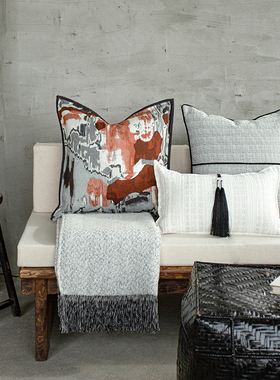 现代新中式样板间抱枕客s厅沙发软装搭配靠垫套深灰橙红色方枕腰