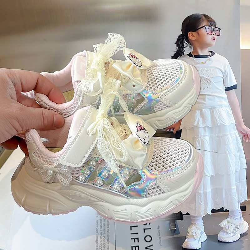 女童鞋运动鞋2025新款夏季儿童镂空透气单网鞋女孩公主珍珠老爹鞋