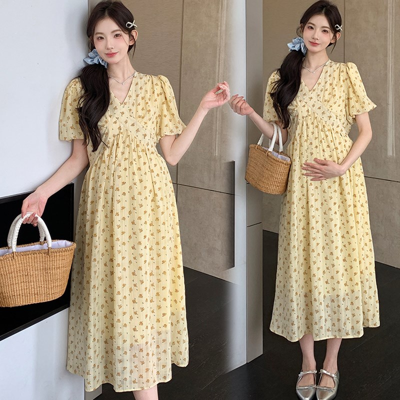 孕妇装夏天裙子中长款时尚过膝碎花显瘦长裙夏季薄款雪纺连衣裙女