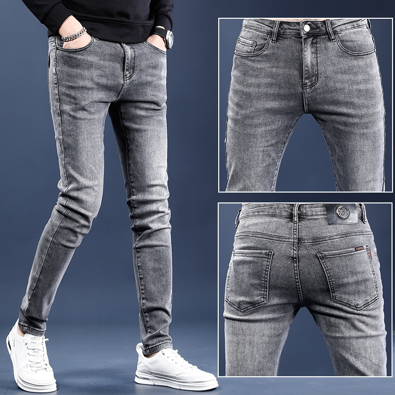高端牛仔裤男士潮牌修身小脚弹力黑色百搭秋季烟灰色休闲九分裤子