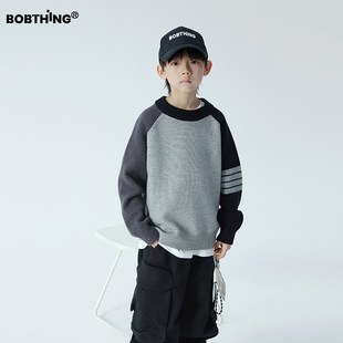 男童冬装撞色插肩j袖圆领毛衣2024新款儿童休闲毛线衣加厚打底衫