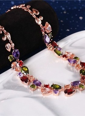 超闪奢华锆石七彩水晶项链耳环套装饰品婚纱礼服首饰白搭毛衣链