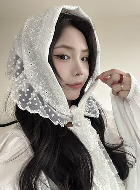 法式少女氛围感白色蕾丝花边三角巾女2025新款百S搭包头巾围裙屁