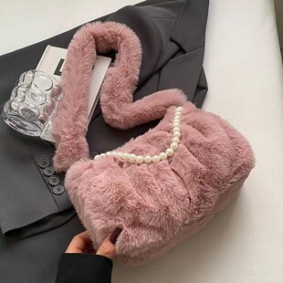 高级感手提毛绒小包包新款珍珠手提毛绒腋下包可爱单肩毛茸斜挎包