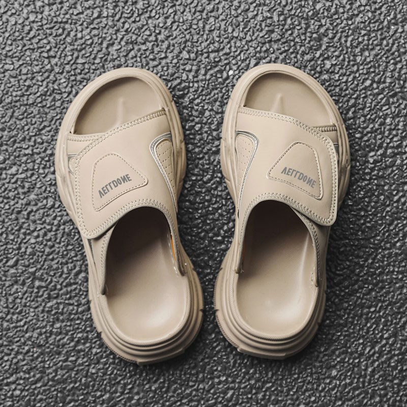 男生拖鞋外穿厚底潮流皮拖鞋男2025新款运动百搭魔术贴夏季沙滩鞋