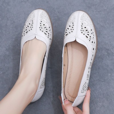 真皮镂空单鞋夏季软底舒适妈妈鞋大码小坡跟女鞋中老年不累脚凉鞋