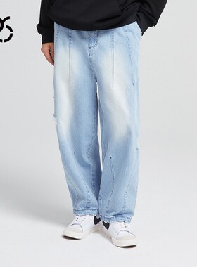 WCC 水洗破洞浅蓝色牛仔裤 中腰青年潮J流流行裤长裤 简约 宽松