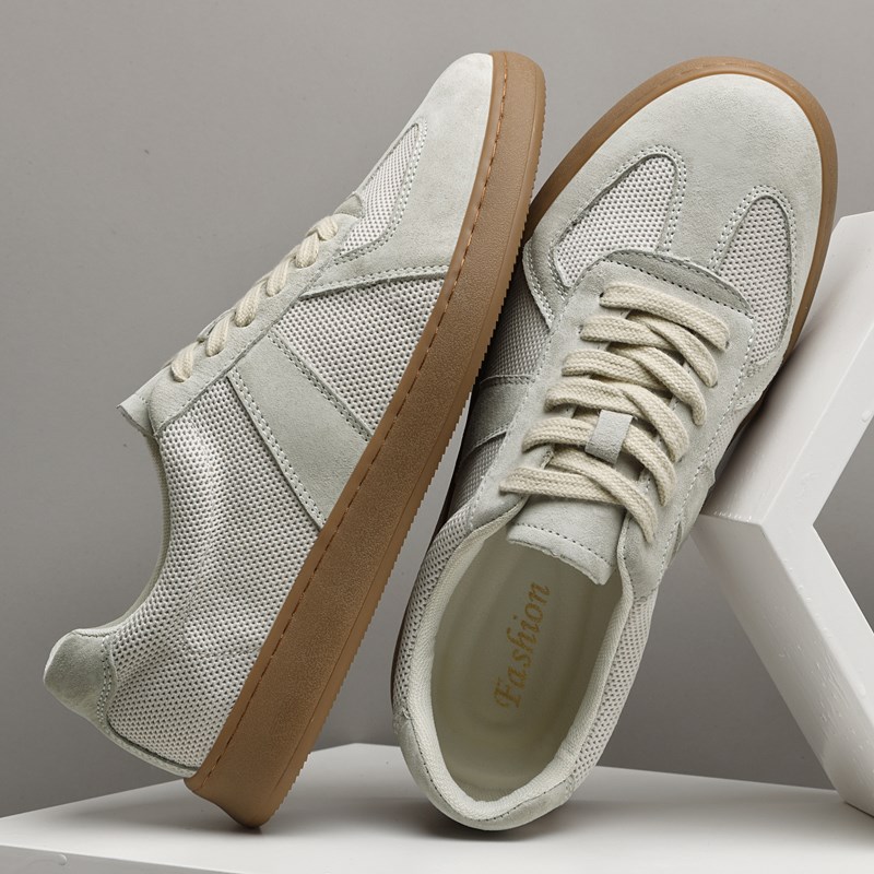 夏季德训小白鞋男2025新款真皮网面休闲鞋男士牛筋底覆古运动板鞋